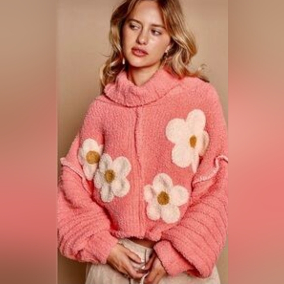 POL Sweaters - POL Berber Knit Sweater with Flower Print in Coral
